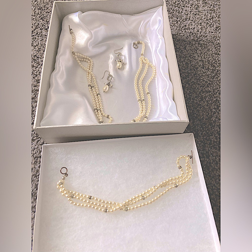 Bridal Jewelry Set- Faux Pearl Silver Rhinestone Necklace, Bracelet, & Earrings.
